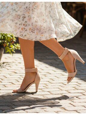 Taupe Suede Open-Toe Heels With Ankle Strap Bella Marie Brand